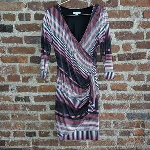 New York & Company Medium Pink & Black‎ Striped Stretch Wrap Dress